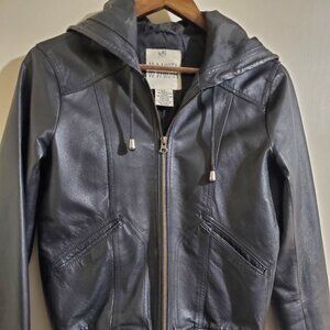 BB Dakota Hooded Leather Bomber Jacket- Medium